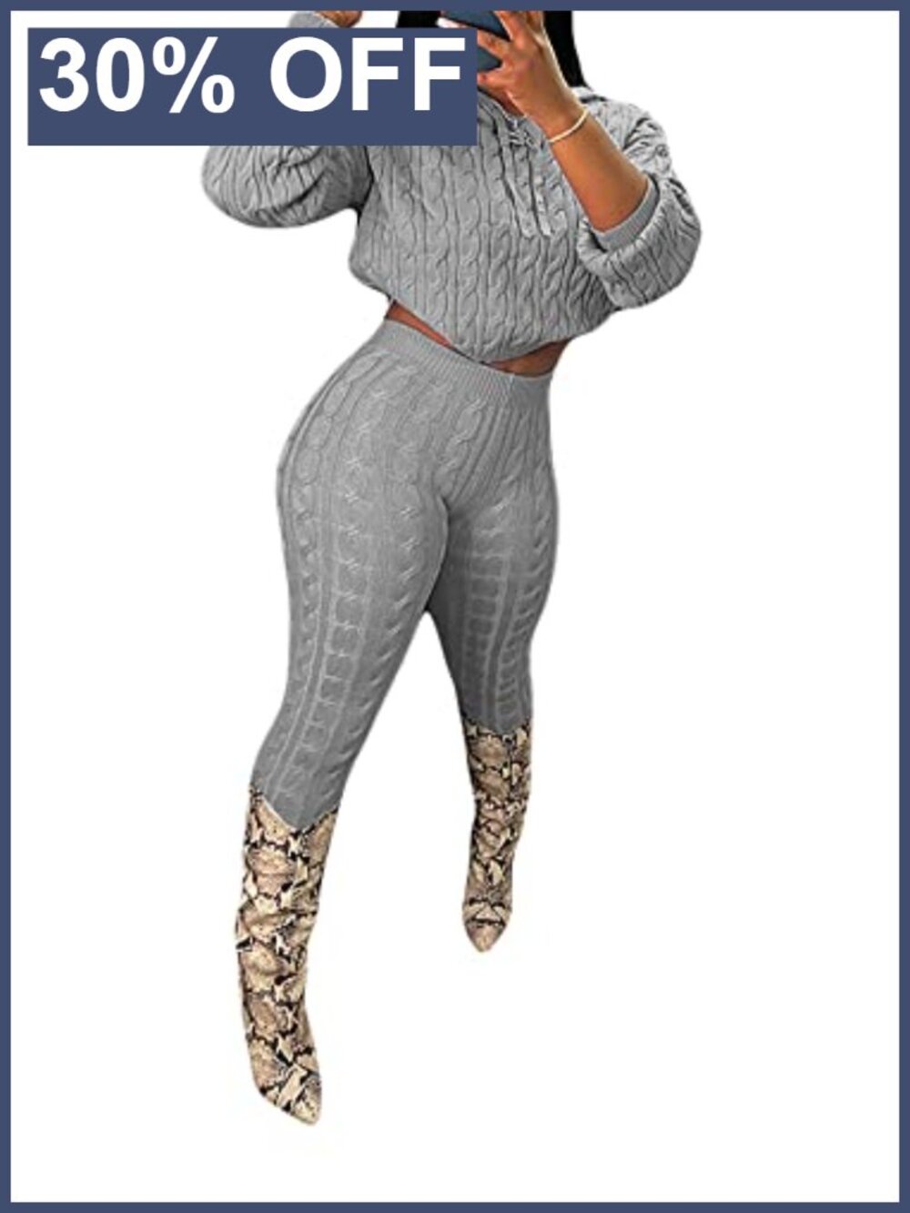 Women's 2 Piece Cable Knit Sweater Set Hooded Crop Top High Waist Pants